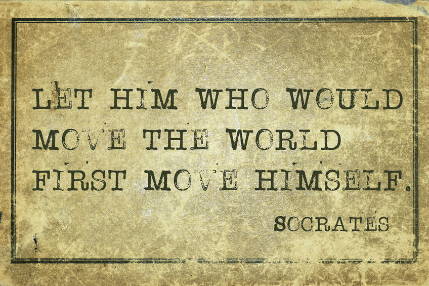 Let him who would move the world - ancient Greek philosopher Socrates quote printed on grunge vintage cardboard